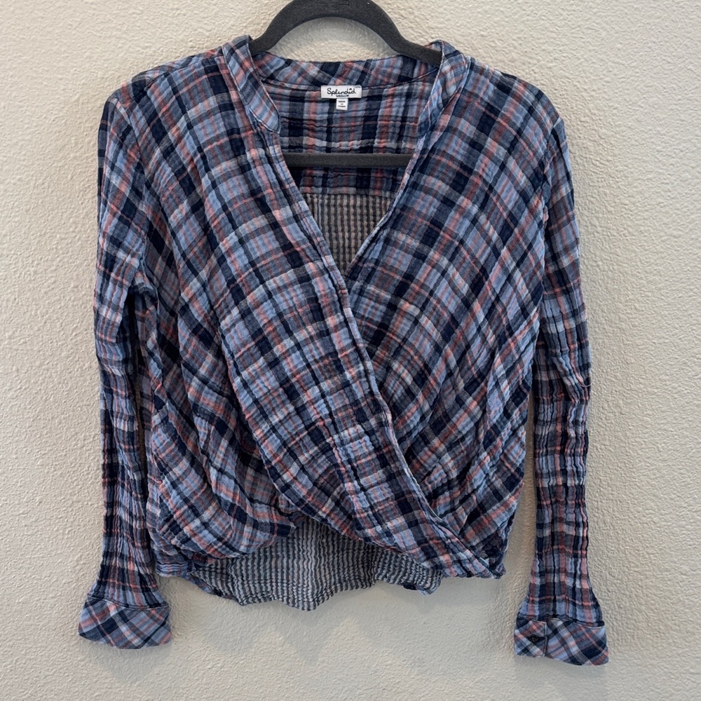 Splendid Plaid Wrap Blouse - Blue and Pink
